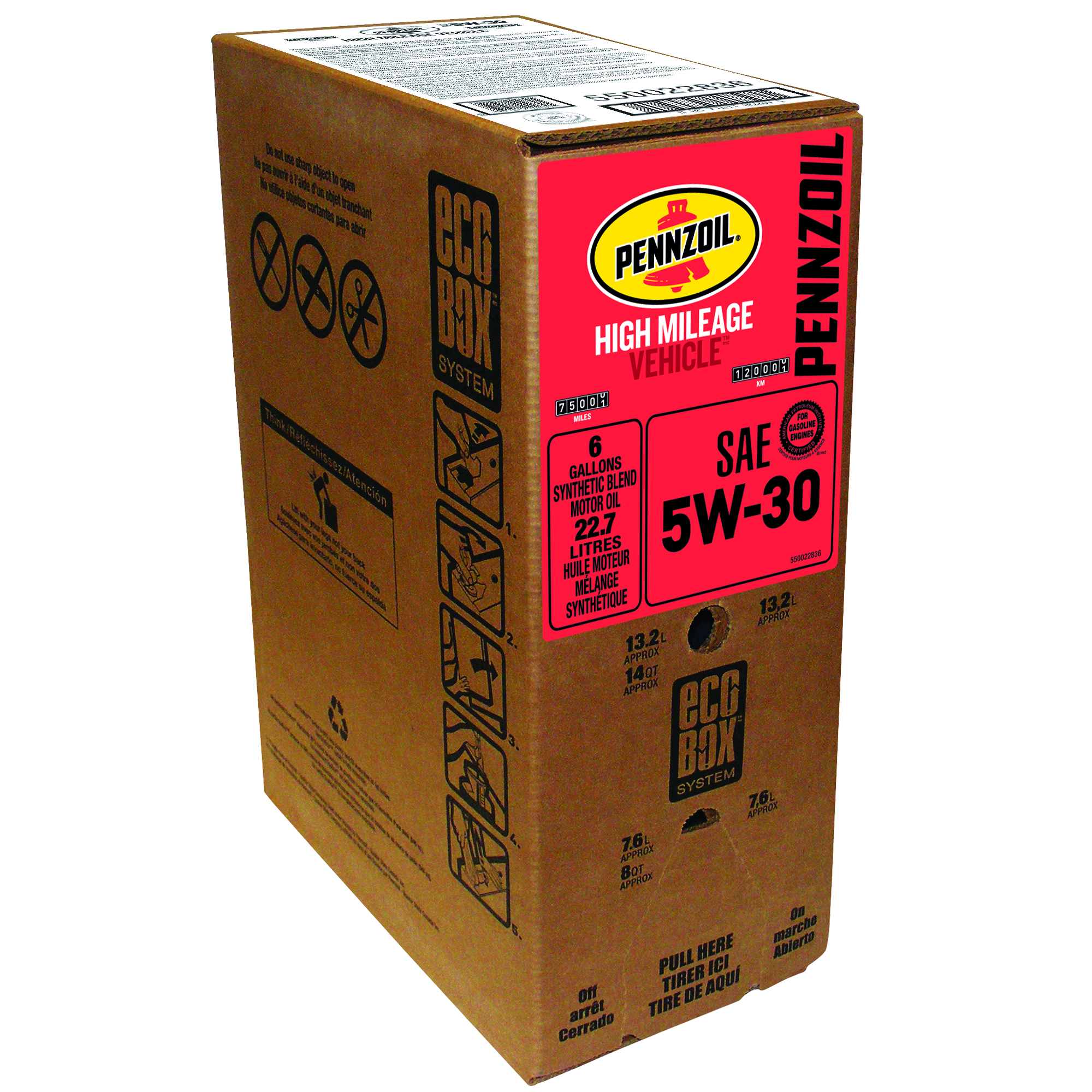 Pennzoil High Mileage SAE 5W-30 Motor Oil -  | Container: 24 Qt/6 Gallon Bag in Box | Shipped as: 1 X 24 Qt Ecobox - Automotive Engine Oils